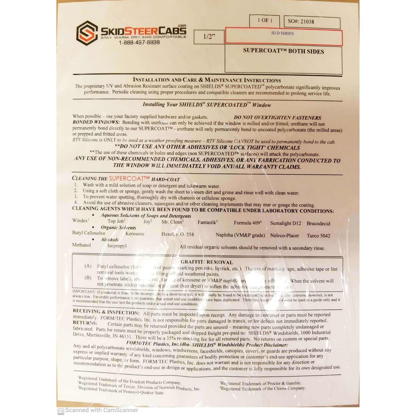 JOHN DEERE D&G SERIES COMPACT 3/8" POLYCARBONATE EXCAVATOR DOOR | REPLACEMENT |#4684422 | #4684423